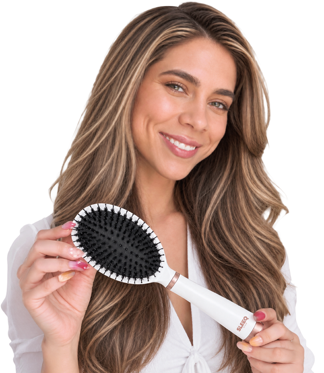 Woman holding the SLEEQ Boar Bristle Brush